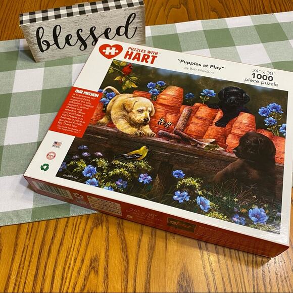 Hart Puzzles 1000 Piece Jigsaw Puzzle Puppies at Play Flowers Garden Butterflies - Picture 1 of 6